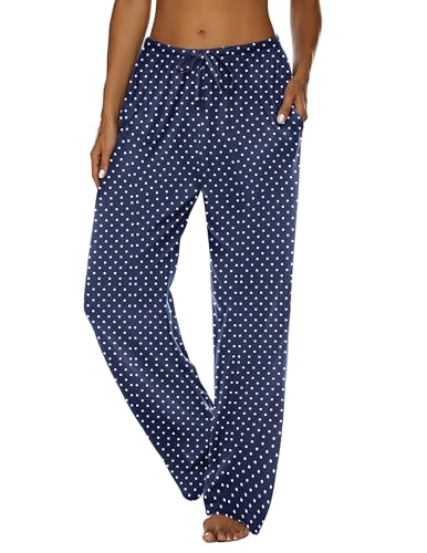 Image of Ekouaer Women Pajama Pants Comfy Pj Bottom with Pockets Stretch Plaid Sleepwear Polka Dots-Blue Large