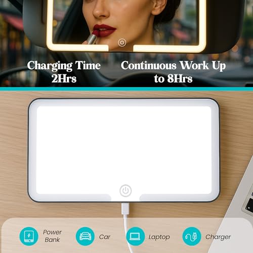 Image of LED Car Mirror with 3 Light Modes and Dimmable Touch Control | Rechargeable Makeup Vanity Mirror with 2000mAh Battery, USB Cable, and Universal Fit for All Car Sun Visors