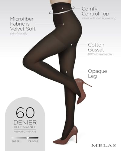 Melas 6 Pack of Microfiber Control Top Tights, Comfortable Velvet Soft Opaque Tights, 60 Denier - Sizes XS to Q23