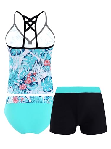Hansber Kids Girls 3 Piece Tankini Floral Printed Tops with Boyshorts Bottoms Swimsuit Bathing Suit Green Palm Leaves 7-84