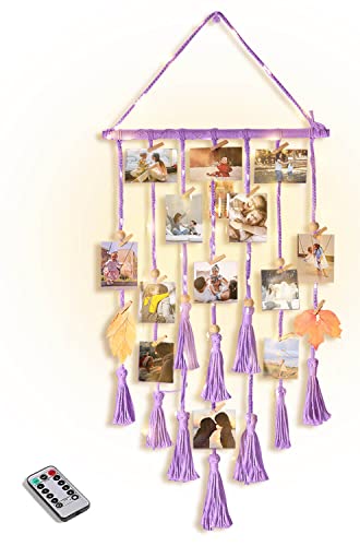 Homecor Hanging Photo Display Wall Decor, Purple Macrame Hanging Boho...