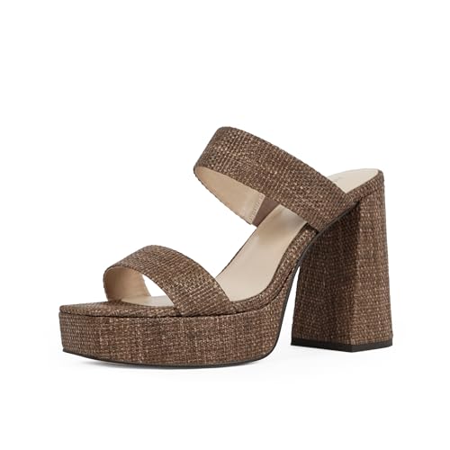 Modatope Platform Heels for Women Square Open Toe Chunky Heel Platform Sandals Two Strap Slip On Heels Wedding Party Dress Shoes