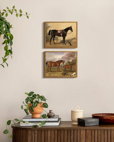 Image of ARPEOTCY Framed Canvas Horse Wall Art, Horse and Dog Art Print for Home Decor, Rustic Farmhouse Country Shelf Wall Decor for Living Room, Bedroom, Bathroom, Office Aesthetic, 8x10 inch