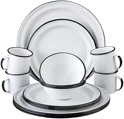 Cinsa 16 Piece. Enameled Dinnerware Camping /Outdoor Set for 4 (White) Includes Plates, bowls and cups. Lightweight, heat resistant, easy to clean,diswasher safe.