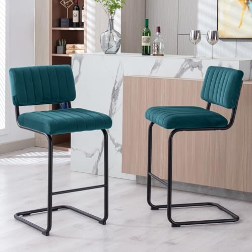 Image of ONEVOG 24 Inch Teal Counter Bar Stools Set of 2, Mid-Century Modern Counter Height Cantilever Bar Chairs for Kitchen Island, Upholstered Velvet Fabric Barstools with Back & Matte Black Metal Leg, Teal