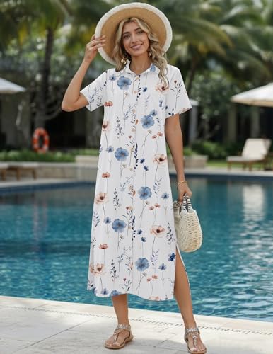 Image of HOTOUCH Womens Dress Summer Casual Midi Short Sleeve Button Down Shirt Dresses Loose Beach Cover Up with Pockets