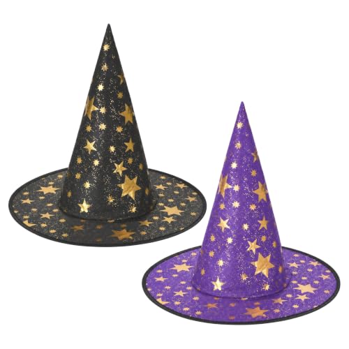 Image of Macuezu 2 Pack Witch Hats for Halloween, Black and Purple Witches Hat for Women, Star Print Wizard Hats for Adults Indoor Outdoor Costume Party Decorations