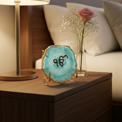 Image of Ik Onkar Metal Agate Holder | Turquoise Agate Stone | Spiritual Home Decor | Temple & Pooja Room Accent | Positive Energy Symbol | Corporate Gift Item