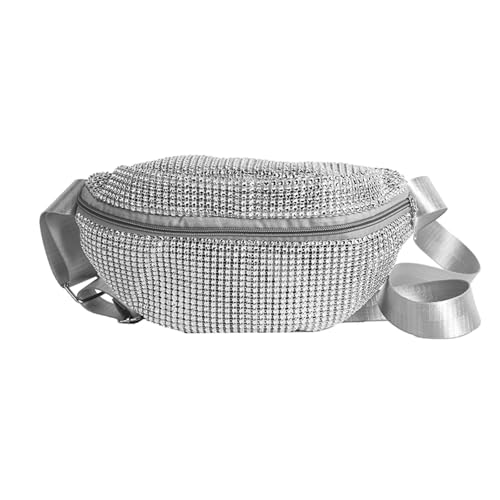 Bauchtasche Für Damen Gürteltasche mit Glänzenden Strasssteinen Verstellbarer Gurt Hüfttasche Umhängetasche Fanny Pack für Damen Party Festival Travel (Silber)