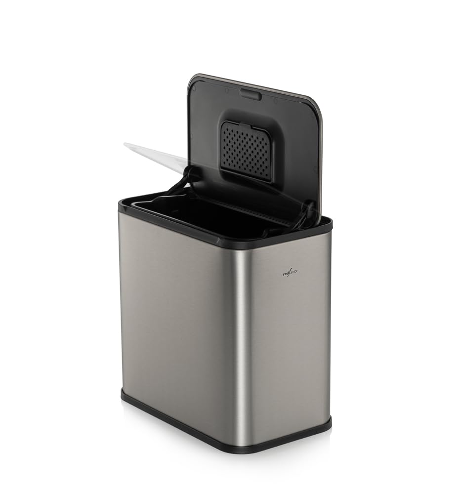Red Factor - Cubo de basura de compost (acero inoxidable, con tapa filtrante, 5 L, sin olor, cubo de residuos de cocina para puerta de armario, encimera o debajo del fregadero (gris metálico)