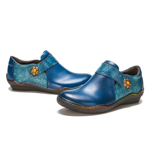 Superladystar's Women Comfy Cowhide Hand Made Flat Shoes, Coloring Painted, Hand Embossed, Retro Style, Walk Shoes3