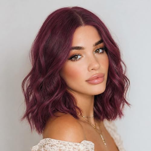Image of Eawwii Wigs for Women Wine Red,Short Wavy Synthetic Lace Wig | Glueless 4x1 Lace Hairline, Heat-Resistant Fiber,Bob Wave Style,Natural Appearance for Everyday Cosplay 14 Inch