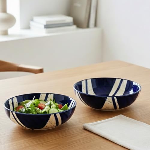 Image of BLACKCARROT Premium Stoneware Ceramic Bowls Set of 2 | 750 ml Each, Bone Ash-Free, Microwave Safe Salad & Pasta Bowls | Elegant Blue Splash Design