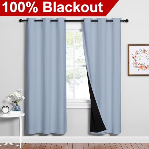 Image of NICETOWN 100% Blackout Window Curtain Panels, Vintage Blue, 2 Pieces, 42-inch Wide Per Panel, Full Light Blocking Drapes with Black Liner for Nursery, 72-inch Drop Thermal Insulated Draperies