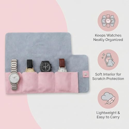 Image of Folk Creations Watch Roll for 4 Watches | Vegan Leather Travel Case for Women & Men | Velvet Cushion Organizer | Gift for Collectors | Scratch-Proof Watch Storage Box, Pink