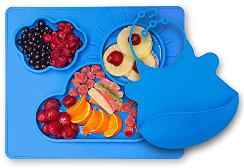 Toddler Plate by Kenley - Silicone Suction Baby Feeding Placemat with Divided Food Plate - Non-Slip Kids Weaning Tray Mat with Feeding Bowl - Free Matching Bib