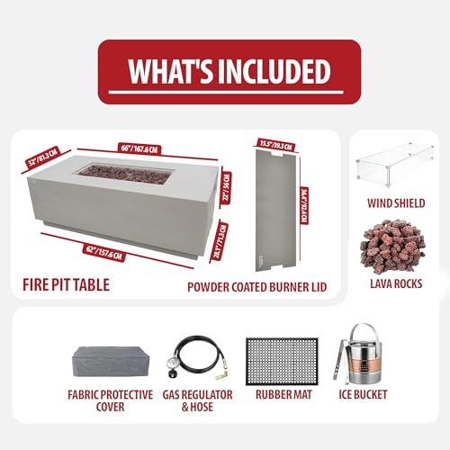 Image of AMS Fireplace Genuine Concrete Rectangular Propane Fire Pit Table for Outside Patio (66 inch Sedona) | Hidden Tank Drawer & Electronic Ignition | Bundle w /Wind Guard, Burner Lid & Cover (Light Gray)