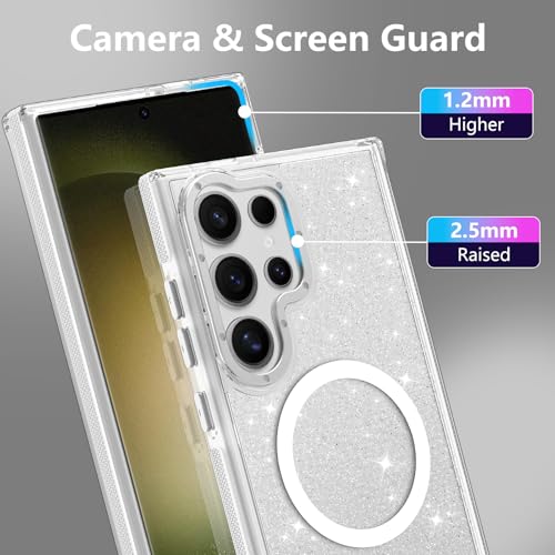 Image of Magnetic Case for Samsung Galaxy S23 Ultra [Compatible with Magsafe] [Bling Glitter Fluorescent Design] [1 Screen Protector] Slim Translucent Matte Case for Galaxy S23 Ultra 6.8 inch, White