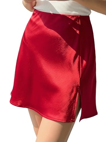 ALCEA ROSEA Women's Satin Silky Mini Skirt High Waist A-Line Short Skirts Solid Slit Front Skirts for Women (Burgundy,XL,X-Large)