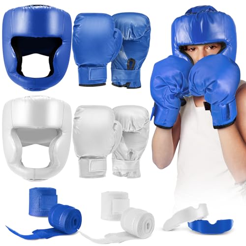 Kanayu Juego de equipo de boxeo para niños, incluye casco de boxeo y guantes, protectores bucales deportivos, equipo de entrenamiento de taekwondo para principiantes, niños y niños de 6 a 18 años
