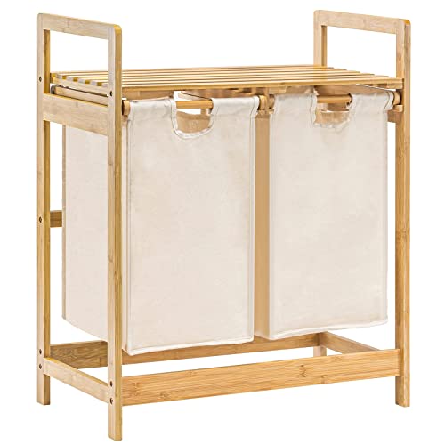 YOUDENOVA Cesto para la ropa sucia de bambú con estante, 2 bolsas de lavandería extensibles, 2...