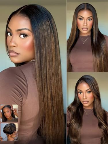 Image of KLAIYI Pre Everything Yaki Straight Glueless Ombre Highlight Balayage Brown 13x4 Lace Front Wigs Human Hair Drawstring Pre Plucked Bleached Knots 30S Ready to Wear and Go Wig Beginner Friendly 16Inch
