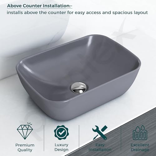 Image of Plantex Wash Basin for Bathroom /Ceramic Table Top Basin /Over Counter Washbasin for Restaurant, Hotel (Grey, 18 x 13 x 5.5 Inch)