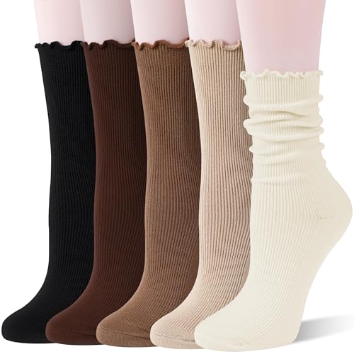 SAVALOS Thin Merino Wool Ruffle Boot Socks Warm Winter Cozy Frilly Soft Crew Work Gifts Socks for Womens 5 Pairs Stocking Stuffers(Striped-Dark Khaki M)