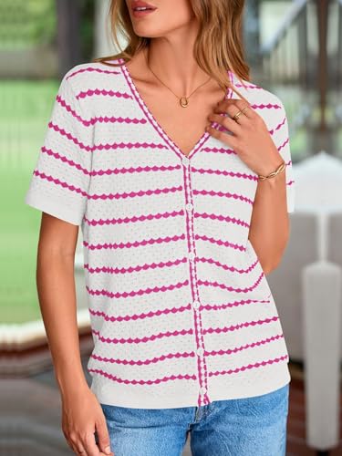 Image of NALANISA Women's Short Sleeve Sweater Spring Summer Crochet Knit Tops 2026 V Neck Striped Button Down Dressy Casual Blouses