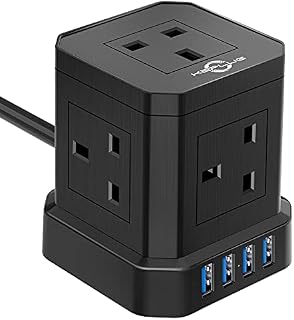 Cube Extension Lead with USB Slots, 5 Way Plug Extension with 4 USB(3.1A), KEPLUG Black Multi Plug Power Strip 2m Extension Cable,3250W/13A UK Power Socket Extension Cord for Desk Home Office Travel