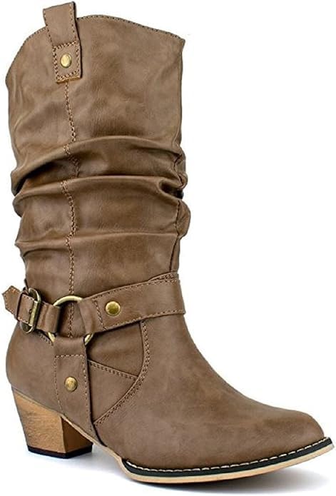 Women's Western Cowboy Pointed Toe Knee High Pull On Tabs Boots, TPS Wild-02 Taupe Size 9