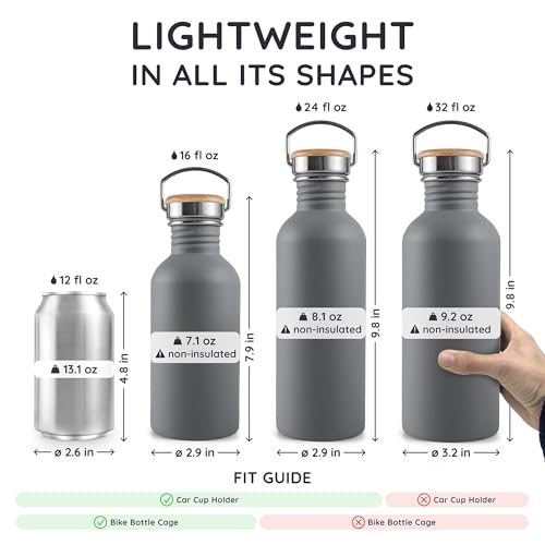 Image of Bambaw 16 oz Water Bottle no Straw, Gray Single Wall Stainless Steel Water Bottle, Non-insulated Reusable Water Bottle BPA Free 16 oz, Small Water Bottle with Handle - Stormy Gray
