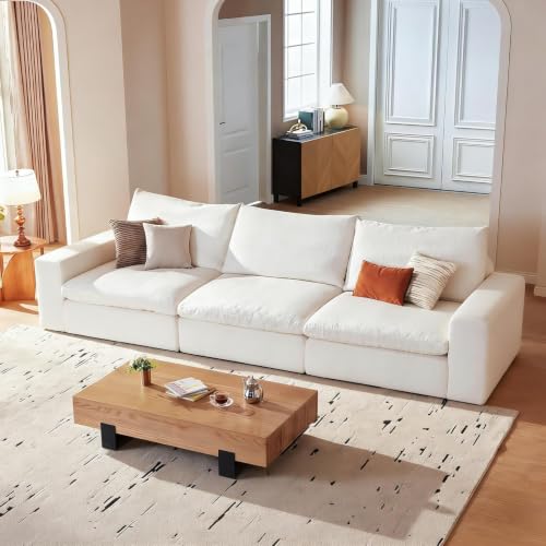 Image of Modular Cloud Sofa, 113.8 inch Cloud Sectional Couches with Deep Seat, 3-Seat Couch for Living Room, Modern Comfy Couch with Washable Cover, Wide Armrest (White)