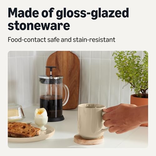 Image of Amazon Basics Stoneware Coffee Mugs, 16 oz, 4-Piece Set, Gloss-Glazed, Stain-Resistant, Microwave, Freezer and Dishwasher-Safe, Linen Gray