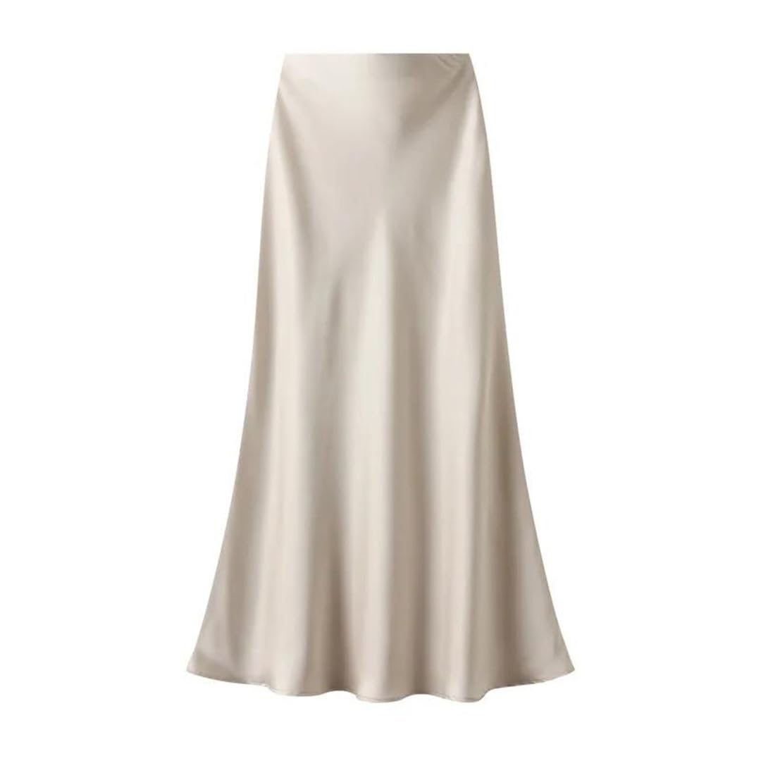 Jupe midi en satin de soie pour femme - Taille haute - Élastique - Vintage - Jupe trapèze ample