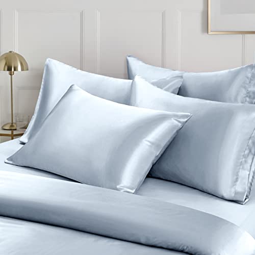 Image of Ersmak 6 Pieces Satin Duvet Cover King Size Luxury Silky Bedding Duvet Cover Set with 1 Soft Duvet Cover, 4 King Pillowcases and 1 Body Pillowcase, Baby Blue