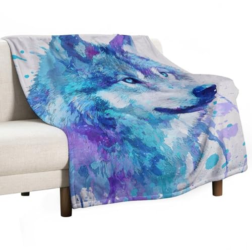 Jubonexis Manta acogedora y duradera con diseño de lobo de acuarela con estampado de lobo neón, azul y morado, para dormitorio, sala de estar, sofá, cama, 50 x 60 pulgadas