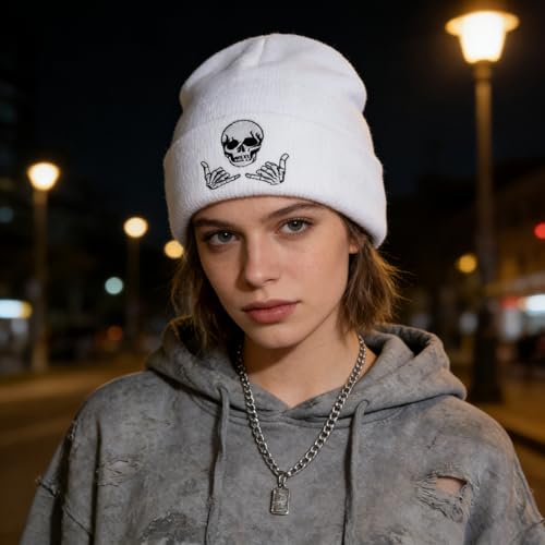 Image of Embroidered Skeleton Beanie Hat Winter Stretch Knit Skull Cap for Men Women