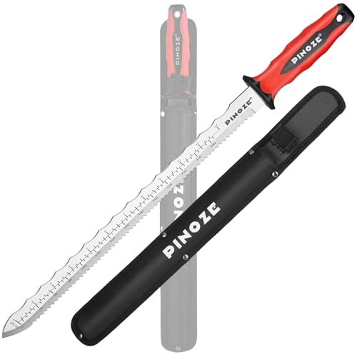 Image of PINOZE 14 inch Insulation Knife, Stainless Steel Blade Insulation Cutter w /Laser Scale, Dual-Side Serrated Duct Knife Tool with Sheath for Cutting Heat Material Foam /Rockwool /Styrofoam, Garden Sod Cutter