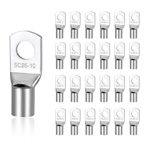 25 Pcs Cable Lug Terminals Connectors, SC25-10 Ring Terminals Connectors Battery Cable Ends Lugs Bolt Hole Crimp Terminals Connector for Boat Car Electric Auto
