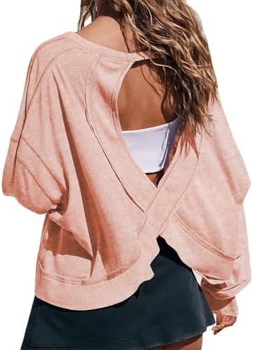 Wenlia Women's Open Back Workout Crop Tops Long Sleeve Casual Shirts Athletic Gym Yoga Tee with Thumb Hole