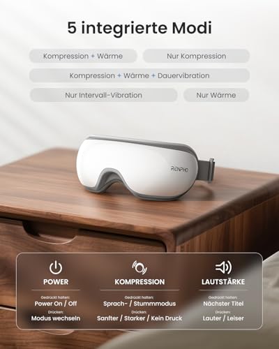 RENPHO Augenmassagegerät mit Wärme, Vibration und Kompression, Eyeris 1 Elektrische Massagebrille gegen Migräne und Verspannungen, Verbessert die Schlafqualität, Geschenke für Frauen Männer 5