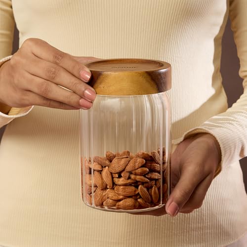 Image of Borosil Glass Jar with Acacia Wood Lid | Borosilicate Glass Storage Jar for Dry Fruits, Spices & Snacks | Airtight Glass Container for Kitchen & Pantry (Linea, 900ml)