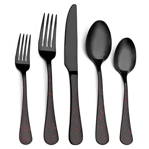 OCE Matte Black Silverware Set Stainless Steel Flatware Set 20-Piece Tableware Cutlery Set Service for 4 Satin Finish Tableware Utensils Set Dishwasher Safe Starry Red