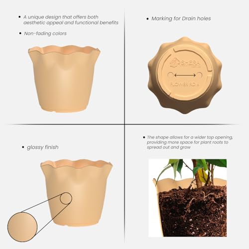 Image of YUCCABE ITALIA SHERA Flower Plastic Flower Pot Unbreakable Round Shape Planter with Drainage Holes Planter Suitable for Home Garden Seedling Indoor and Outdoor (Beige, 6 INCH - 6 Pcs)
