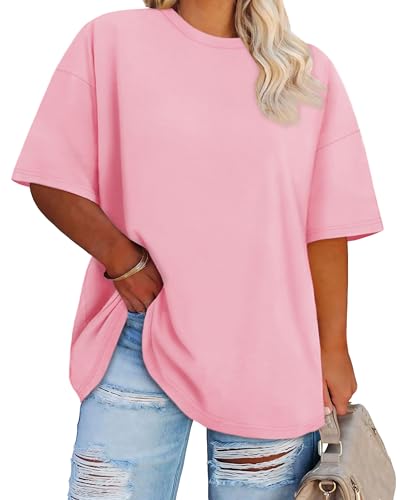 Plus Size Tops Casual Oversized Tshirts for Women Loose Fit Crew Neck Blouses Summer Basic Tees(Pink 3XL)