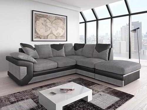 Jumbo Cord Sofa Set | Grey Cord Black Leather Trim | Right Hand Facing Corner Living Room Suite (Right Hand Facing Corner)