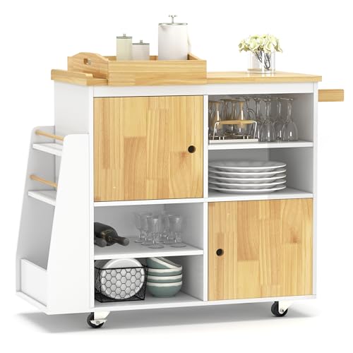Image of NSdirect Kitchen Island with Storage,Rolling Kitchen Island on Wheels Portable cart Rolling with Spice Racks Towel Holder Utility Trolley with Wood Tray for Home Hotel Kitchen Dinning Room,White