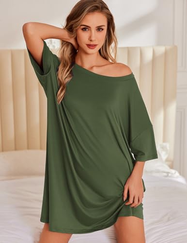 Image of Ekouaer Plus Size Nightgowns for Women Oversized Sleep Shirt Short Sleeve Nightshirt T-Shirt Dress Sleepwear S-5XL