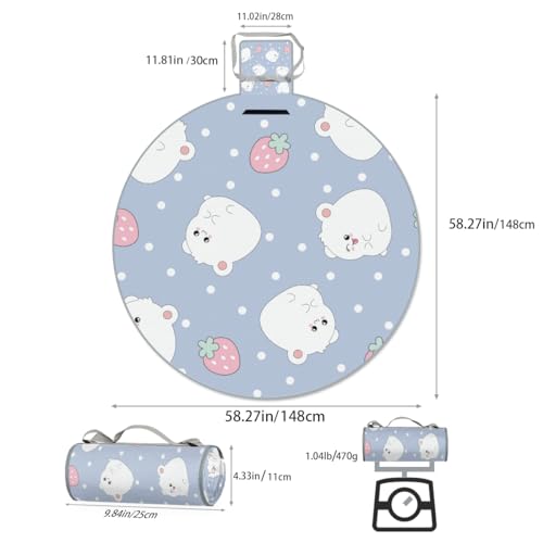 Shimoshe Strawberry Dot Hamster Picnic Outdoor Blanket Foldable Waterproof Sandproof Beach Blanket Portable Water-Resistant Round Picnic Mat for Travel Camping Park Lawn